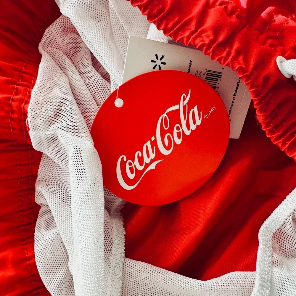 Coca-Cola Catch the Wave Swim Trunks Men's Large Red Graphic Board Shorts NWT